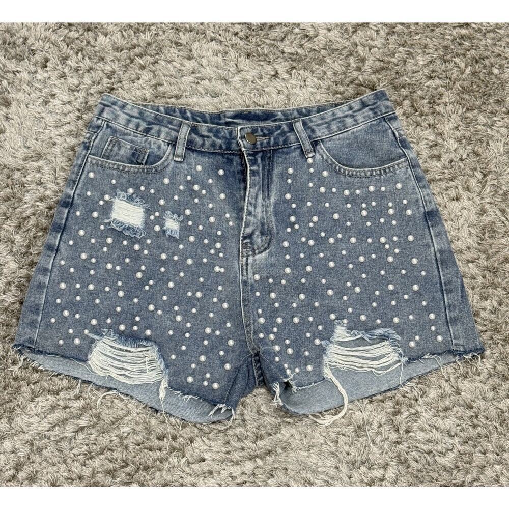 Windsor Women Beaded Denim Shorts High Waist Distressed Festival Size M